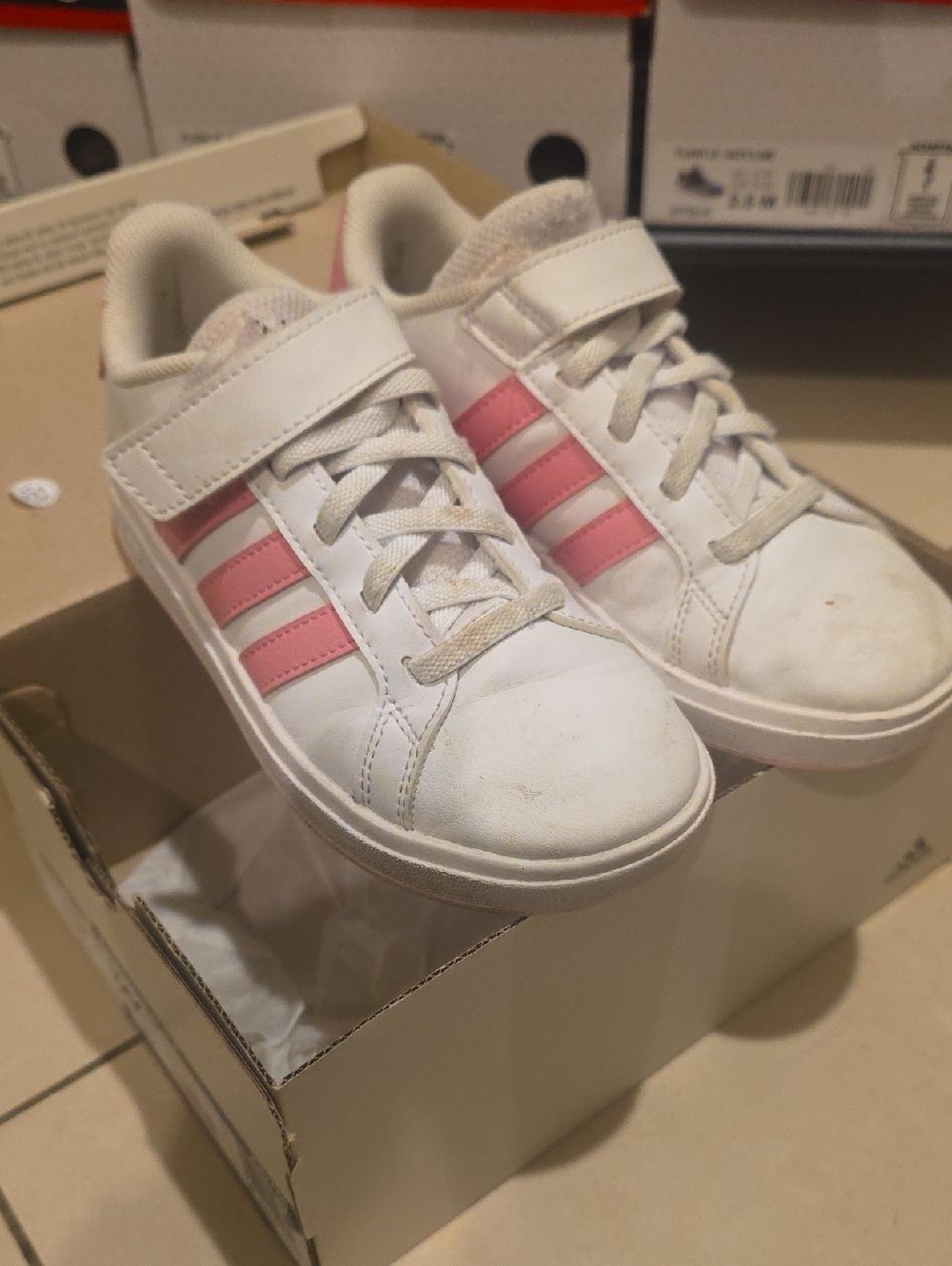 adidas Kids White Sneakers with Pink Three-Stripes